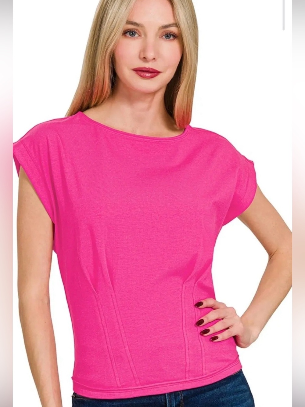 Zenana Women’s Medium Hot Pink Fuchsia Cap Sleeve Fitted Top Waist Seam Blouse